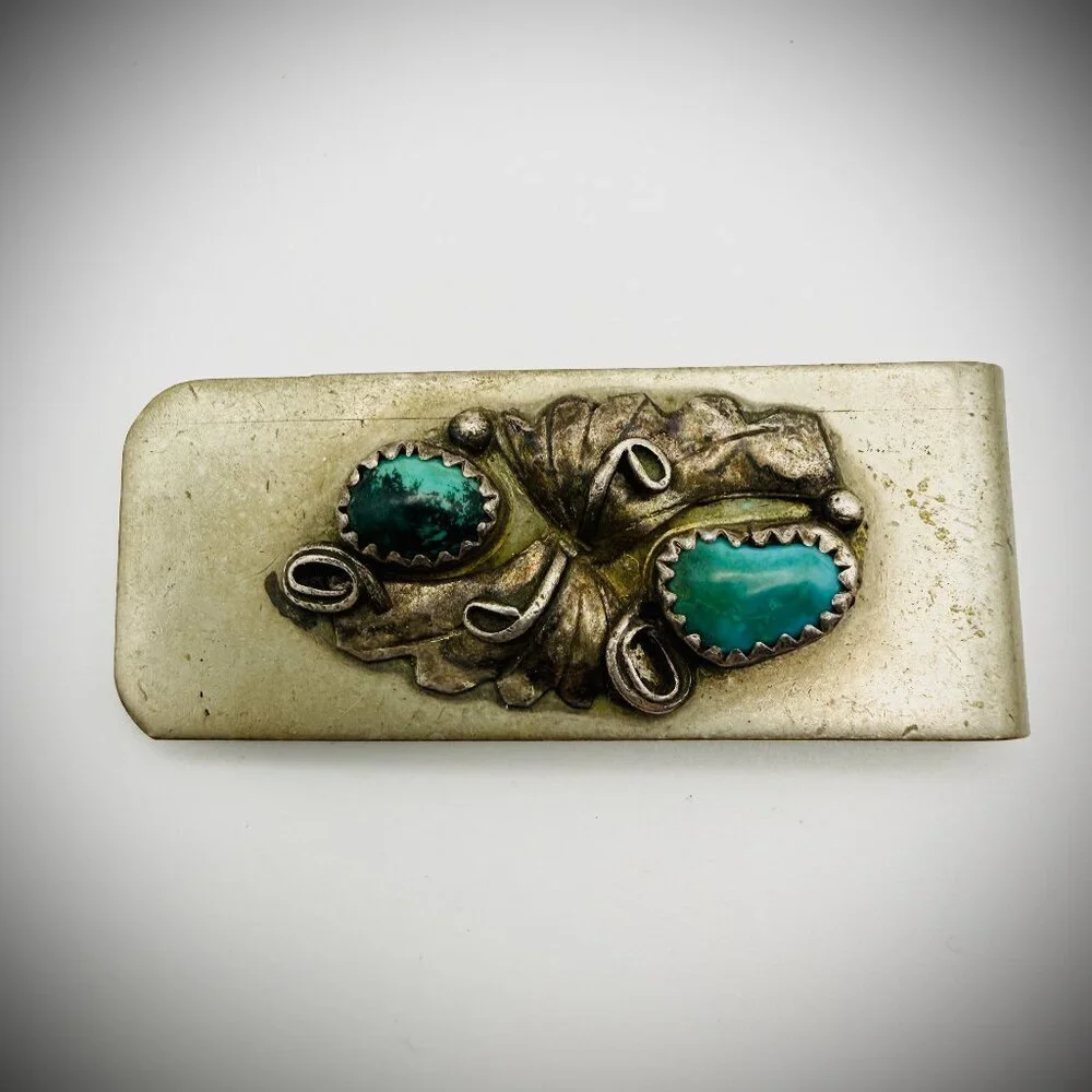 Vintage Turquoise Leaf Motif Money Clip Silver Tone 1.75